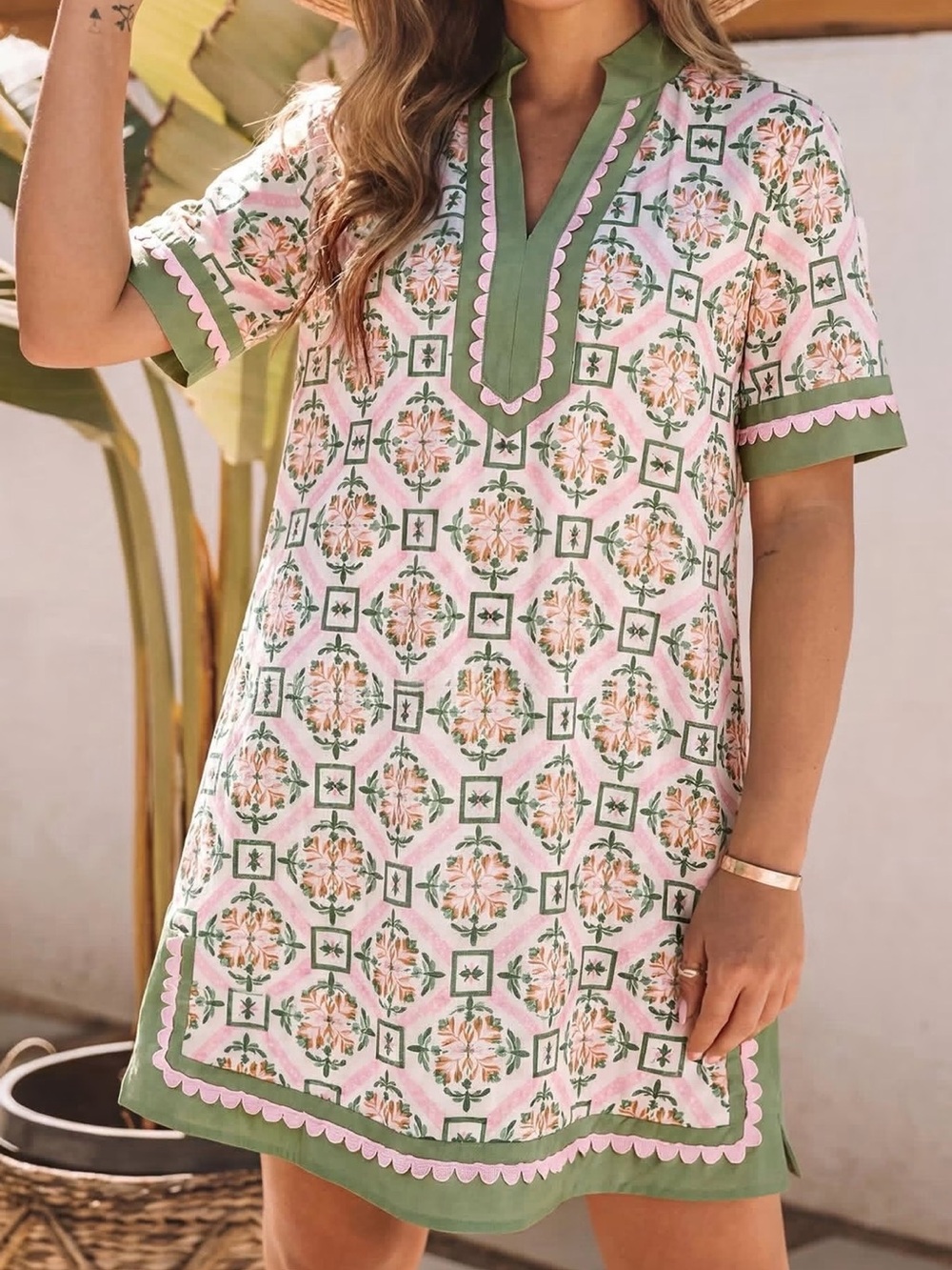 NWOT Green & Pink Floral Geo-Print Short Sleeve Dress